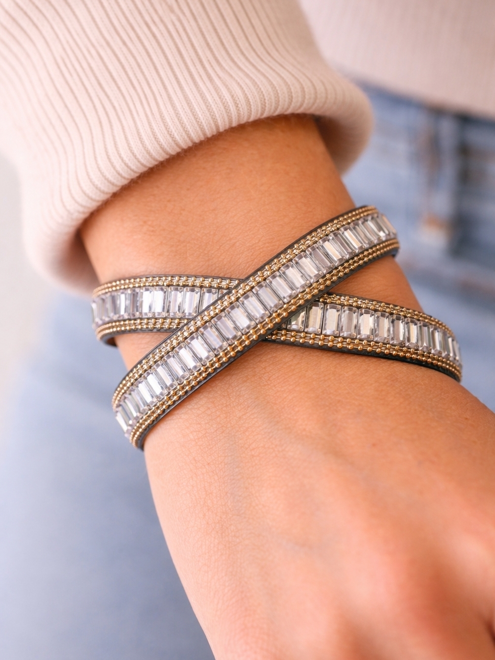 Crystal-Accented Gold & Silver Crossover Bracelet